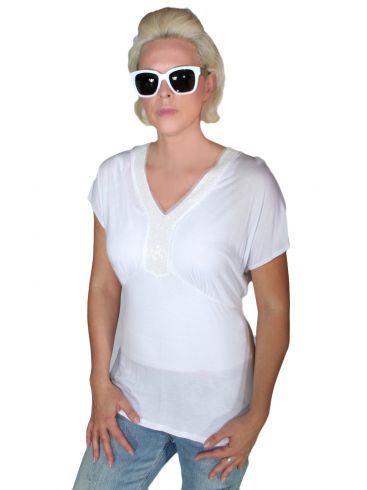 PERSONA Αμπίρ λευκή μπλουζάκι, διακοσμητικά στο στήθος
