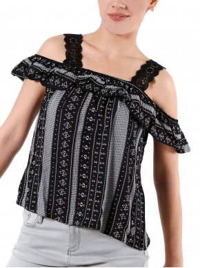 ATTRATTIVO Black and white ethnic top, lace strap, volan