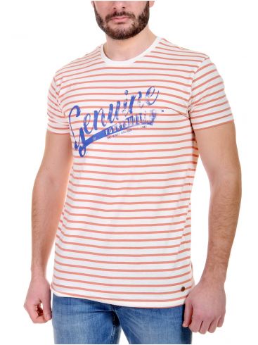 FUNKY BUDDHA Ανδρικό ριγέ κοντομάνικο T-Shirt μπλουζάκι, πορτοκαλί-λευκό