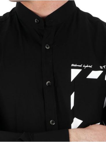 STEFAN Ανδρικό λαδί-λευκό ριγέ μακρυμάνικο slim fit πουκάμισο, μάο γιακά