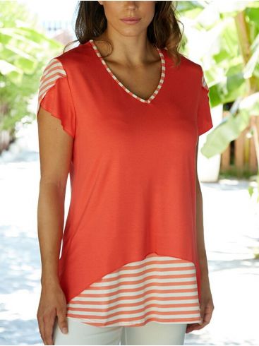 ANNA RAXEVSKY Γυναικεία κοραλί κοντομάνικη μπλούζα ριγέ V B20109 CORAL