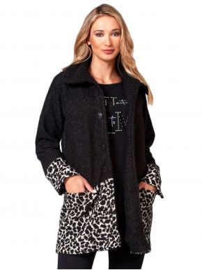 ANNA RAXEVSKY Γυναικείο ασπρόμαυρο animal print μπουκλέ παλτό Z21211