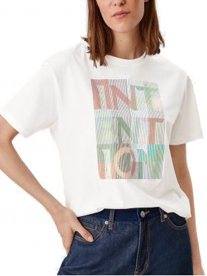 S.OLIVER Γυναικείο εκρού μπλούζα T-shirt, 3D εφφέ τυπώματος 2110170-02D1