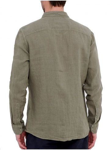 FUNKY BUDDHA Ανδρικό χακί λινό πουκάμισο FBM005-016-05 KHAKI.
