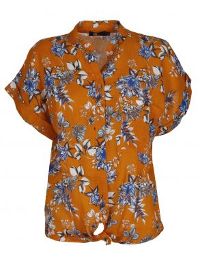 M MADE IN ITALY Γυναικεία εμπριμέ κοντομάνικη λινή πουκαμίσα 21-9282Q Orange  Combo.