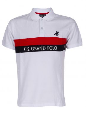 US GRAND POLO Ανδρικό λευκό-κόκκινο κοντομάνικο πικέ πόλο μπλουζάκι USP 348 Bianco