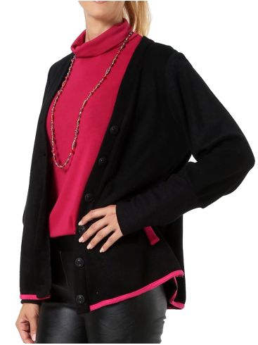 ANNA RAXEVSKY Women's black cardigan with rip cuffs and fuchsia lace. Z22207 FUCHSIA