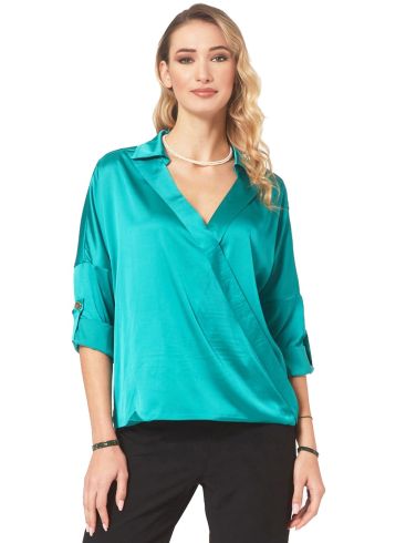 ANNA RAXEVSKY Women's Petrol Satin Double Breasted Blouse with Turn Down Collar and Sleeves B22235 PETROL