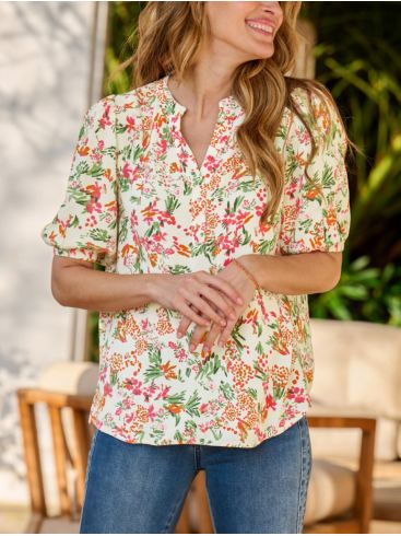 FRANSA Γυναικεία φλοράλ κοντομάνικο πουκάμισο μπλούζα V 20612367-201837