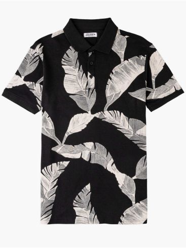 LOSAN Men's Black and White Floral Pique Polo Shirt 311-1076AL