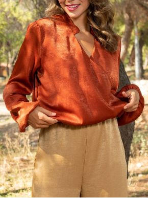 ESQUIVO Γυναικείο κεραμιδί κρουαζέ σατέν αμπιγέ μπλουζάκι