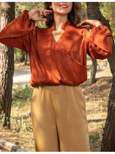 ESQUIVO Γυναικείο κεραμιδί κρουαζέ σατέν αμπιγέ μπλουζάκι