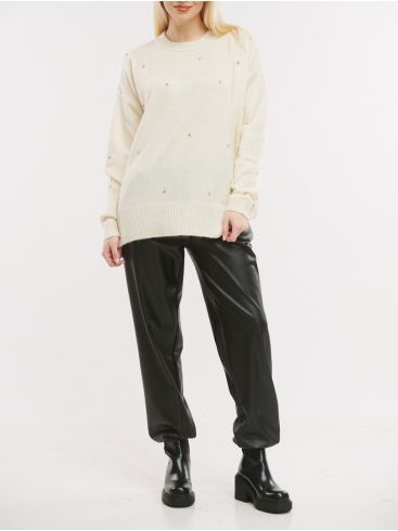 FIBES Γυναικεία μπέζ πλεκτή μακρυμάνικη μπλούζα 03-6507N-BEIGE