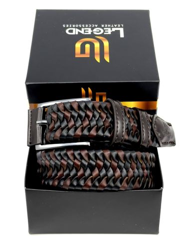 LEGEND Men's black-brown leather belt, knitted elastic, width 3.5 cm, LGD-354/B23