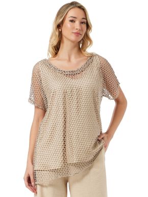 ANNA RAXEVSKY Women's beige mesh asymmetric blouse B24116 BEIGE