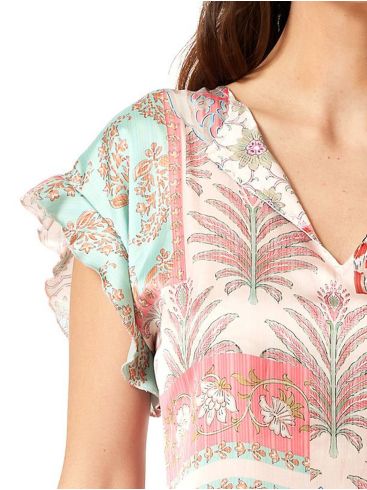ANNA RAXEVSKY Women's Printed satin V blouse with ruffled sleeves B24144