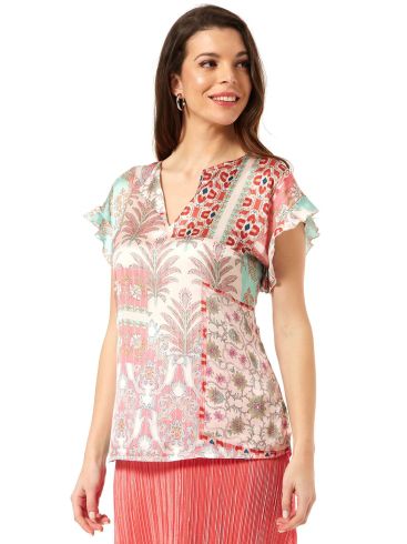 ANNA RAXEVSKY Women's Printed satin V blouse with ruffled sleeves B24144